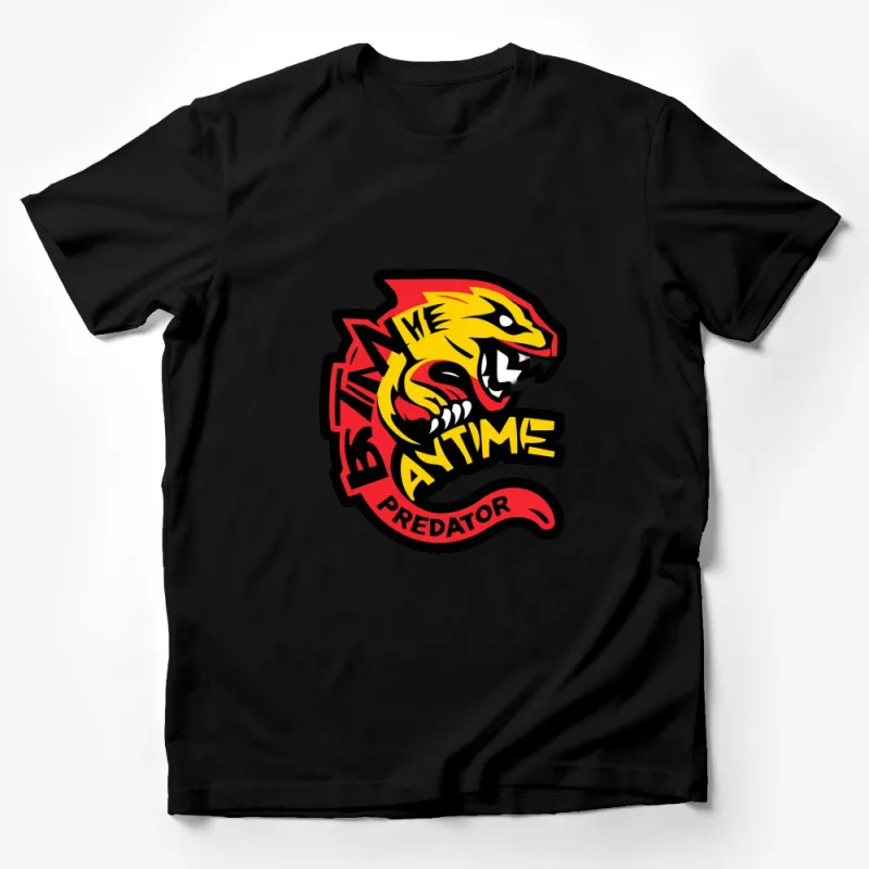 Bold Tiger Graphic T-Shirt, Red and Yellow Bite Time Predator Design, Casual Wear Male T-Shirt