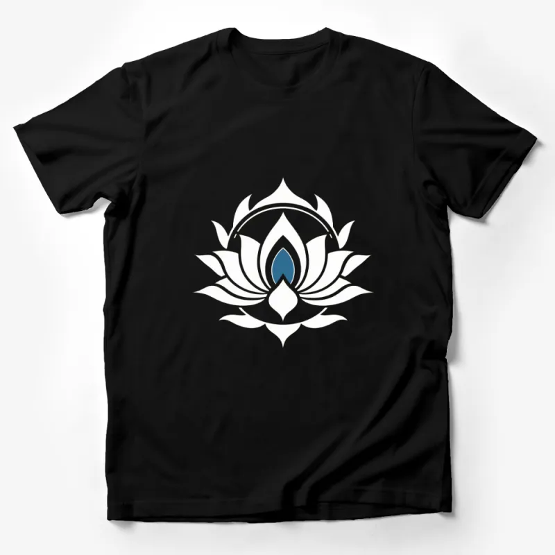 White Lotus Flower Graphic T-Shirt, Elegant Blue and Black Lotus Design, Unisex Tee for Yoga and Meditation Male T-Shirt