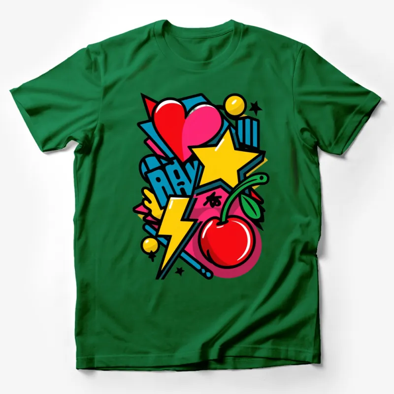 Bright Pop Art Style T-Shirt with Cherry, Stars, and Heart, Colorful Unisex Top Male T-Shirt