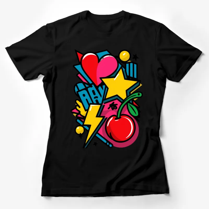 Bright Pop Art Style T-Shirt with Cherry, Stars, and Heart, Colorful Unisex Top Female T-Shirt