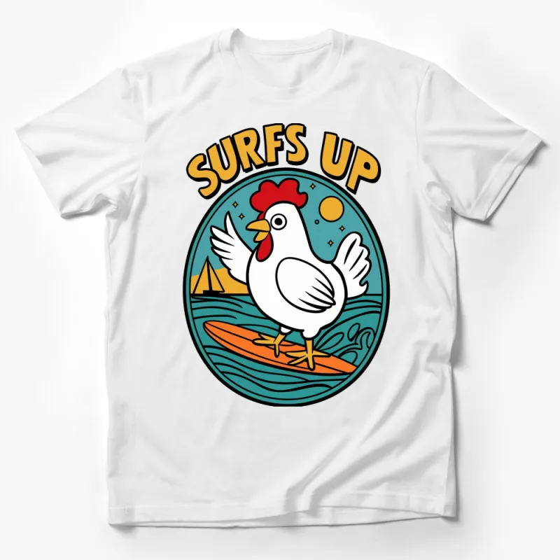 Surf's Up Chicken Graphic T-Shirt, Funny Beach Rooster Tee, Summer Vacation Casual Shirt, Unisex Male T-Shirt