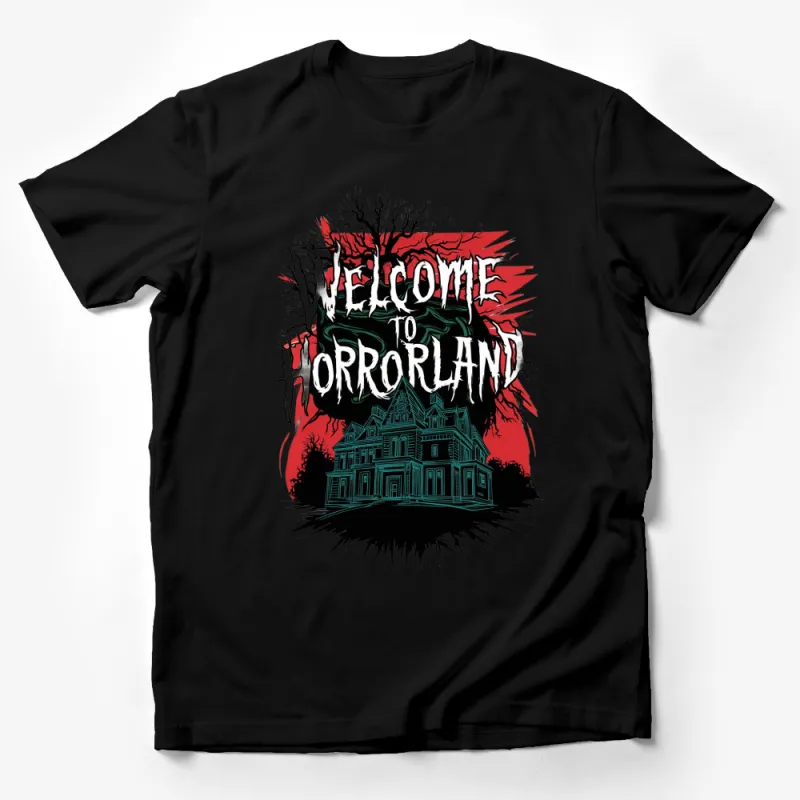 Welcome to Horrorland Haunted House T-Shirt, Spooky Horror Graphic Tee, Scary Halloween Apparel Male T-Shirt