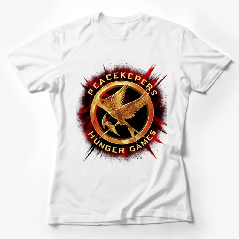 Hunger Games Peacekeepers Logo T-Shirt, Red Black Splatter Design, Movie Fan Apparel Female T-Shirt