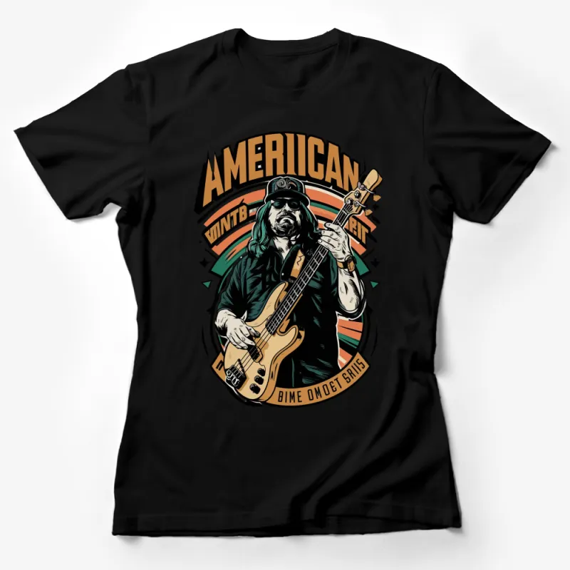 Vintage American Spirit Rock Music T-Shirt, Cool Bass Guitar Player Graphic Tee, Retro Style Apparel Female T-Shirt