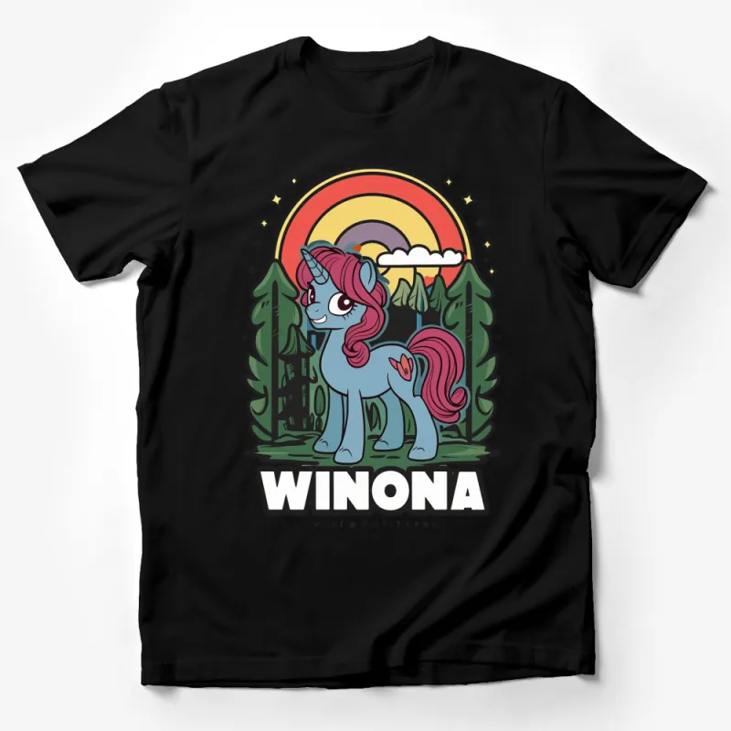 Colorful Rainbow Unicorn Graphic T-Shirt, Cute Mythical Creature Tee, Winona Unicorn Design for All Ages Male T-Shirt