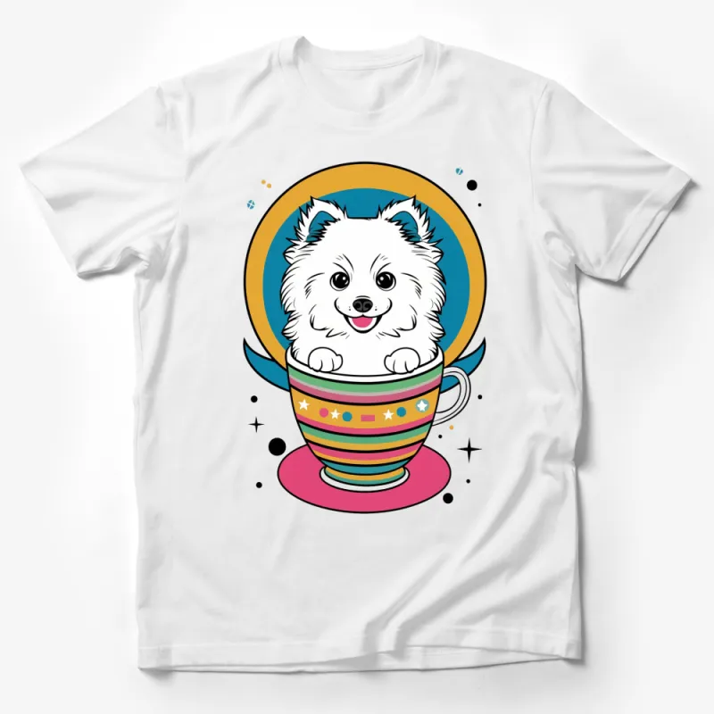 Cute Fluffy White Dog in Colorful Cup, Happy Puppy Graphic T-Shirt, Unisex Tee for Dog Lovers Male T-Shirt