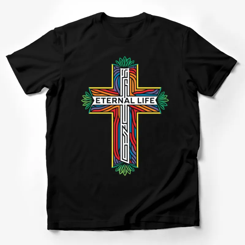 Colorful Eternal Life Cross T-Shirt, Christian Faith Graphic Tee, Vibrant Religious Symbol Shirt Male T-Shirt