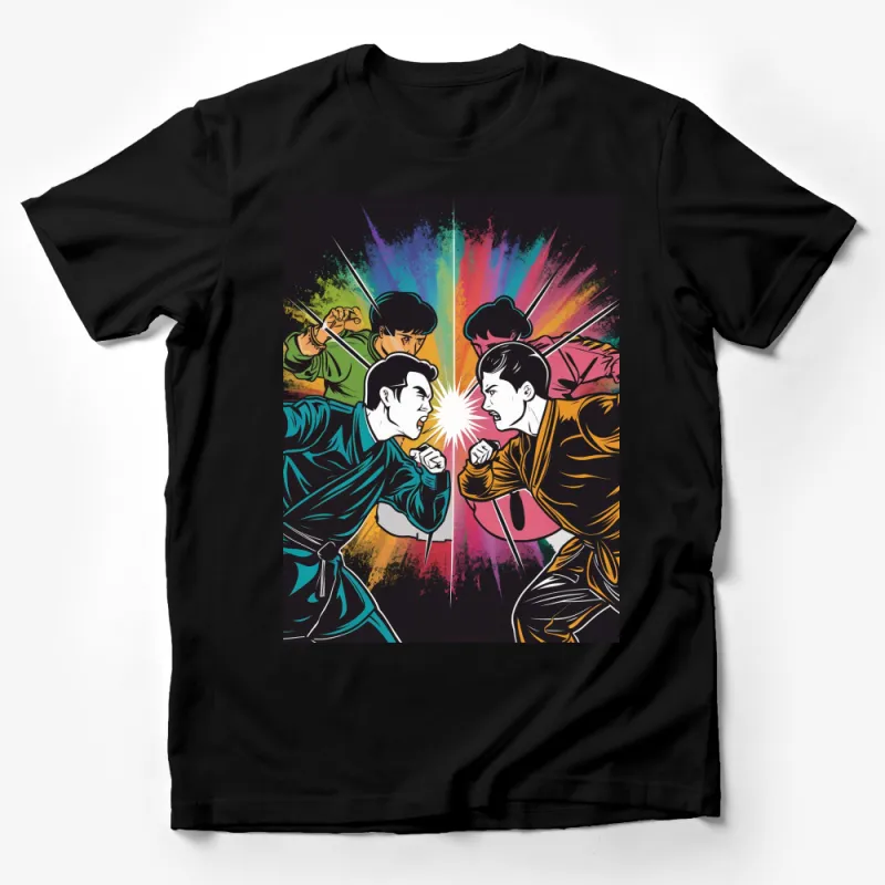 Retro Martial Arts Fight Scene T-Shirt, Colorful Vintage Comic Style, Kung Fu Tee Male T-Shirt