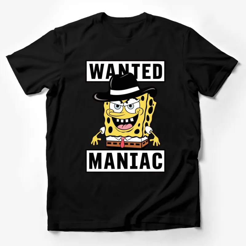 Wanted Maniac Poster Sponge Character T-Shirt, Cartoon Graphic Tee, Funny TV Show Inspired Shirt, Unisex Gift Male T-Shirt