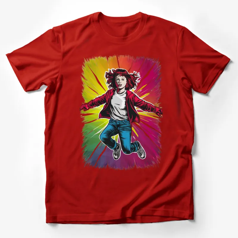 Colorful Retro Style Jumping Girl Graphic T-Shirt, Vibrant Urban Youth Fashion Top, Unique Streetwear Male T-Shirt