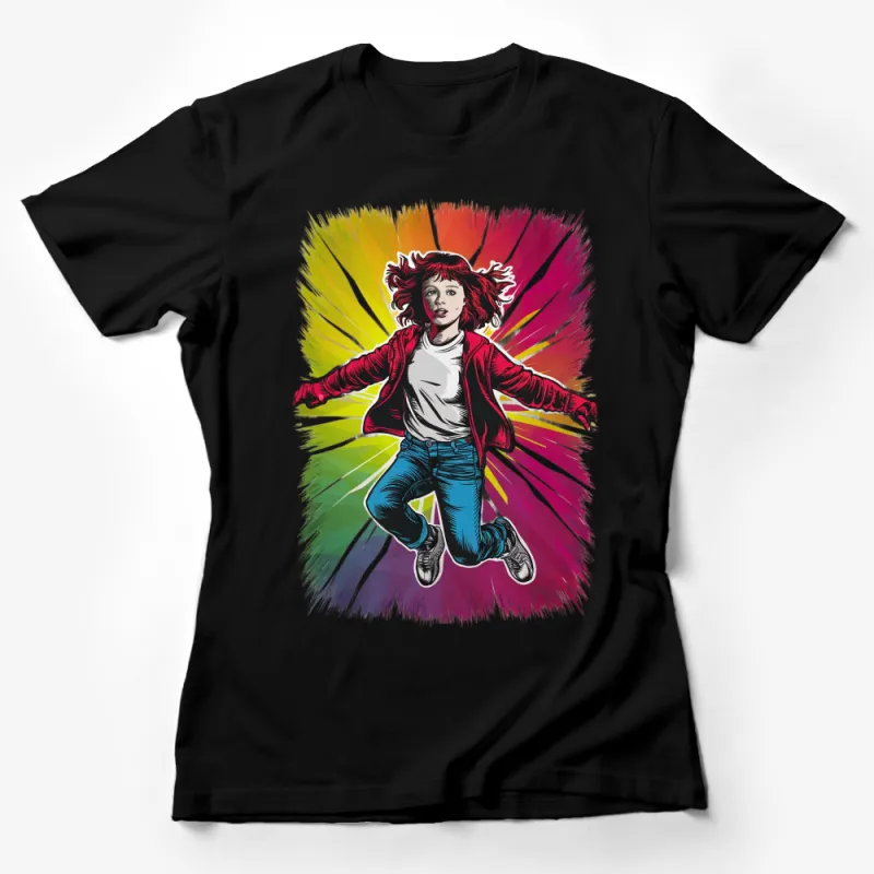 Colorful Retro Style Jumping Girl Graphic T-Shirt, Vibrant Urban Youth Fashion Top, Unique Streetwear Female T-Shirt