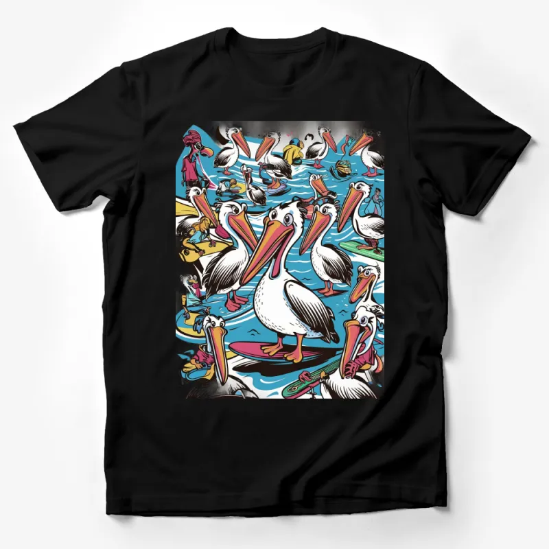 Colorful Pelican Surfing Comic Art T-Shirt, Beach Vibes Graphic Tee, Unisex Skateboarding Birds Shirt Male T-Shirt