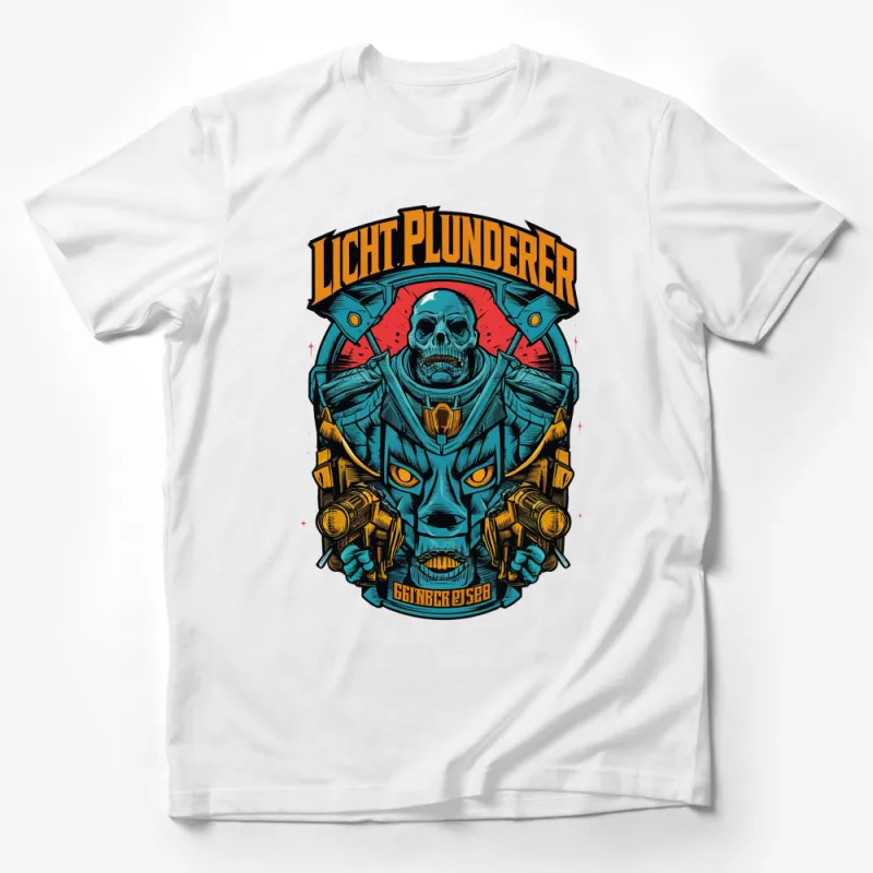 Sci-Fi Skull and Robot Graphic T-Shirt, Futuristic Warrior Tee, Cyberpunk Style Apparel Male T-Shirt