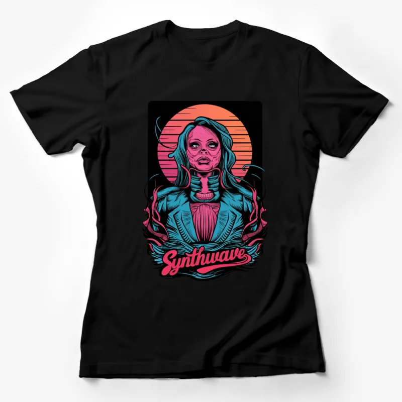 Synthwave Retro Zombie Graphic T-Shirt, Vibrant Neon Pink and Blue Unisex Tee Female T-Shirt