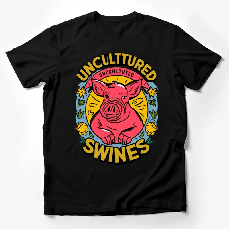 Uncultured Swines Graphic T-Shirt, Funny Pig and Chicks Illustration, Bright Colors, Casual Unisex Tee Male T-Shirt