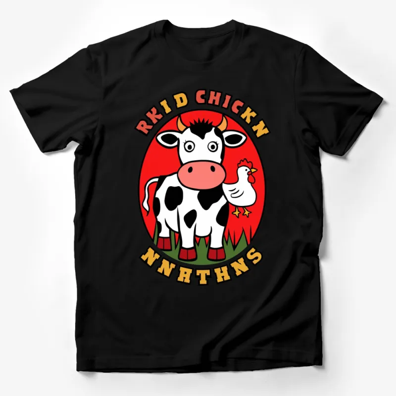 Farm Animal T-Shirt, Cute Cow and Chicken Design, Red Graphic Tee, Unique Casual Wear Male T-Shirt