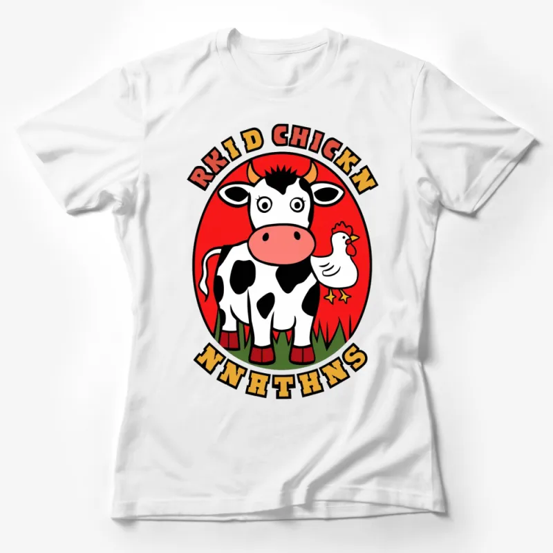 Farm Animal T-Shirt, Cute Cow and Chicken Design, Red Graphic Tee, Unique Casual Wear Female T-Shirt