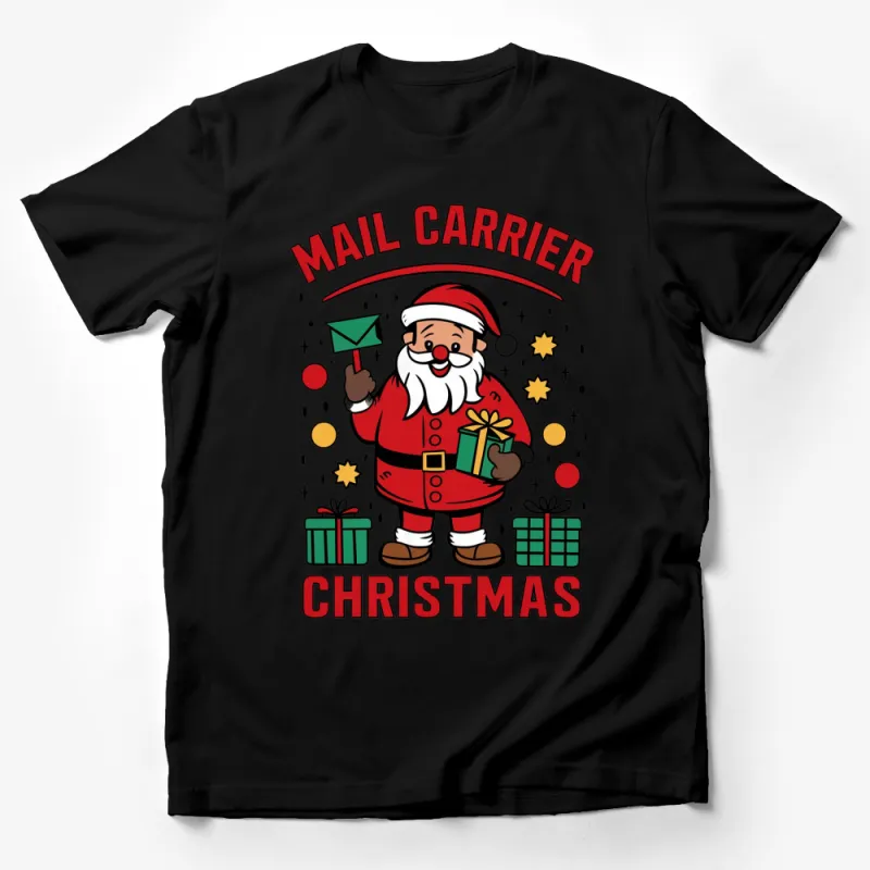 Mail Carrier Santa Claus Christmas T-Shirt, Holiday Postal Worker Gift, Festive Santa Apparel with Gifts Male T-Shirt