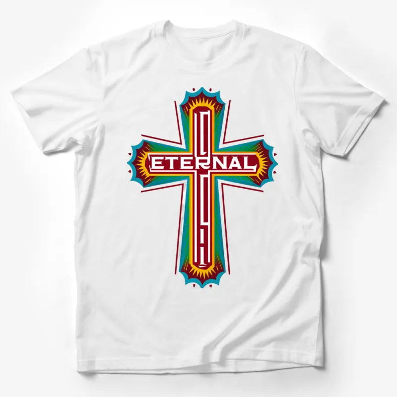 Vibrant Eternal Cross Graphic T-Shirt, Colorful Christian Faith Apparel, Spiritual Clothing for All Ages Male T-Shirt