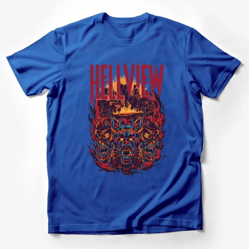 Hellview Demon Graphic T-Shirt, Vibrant Fire and Demon Art, Urban Skyline, Unique Bold Streetwear Design Male T-Shirt