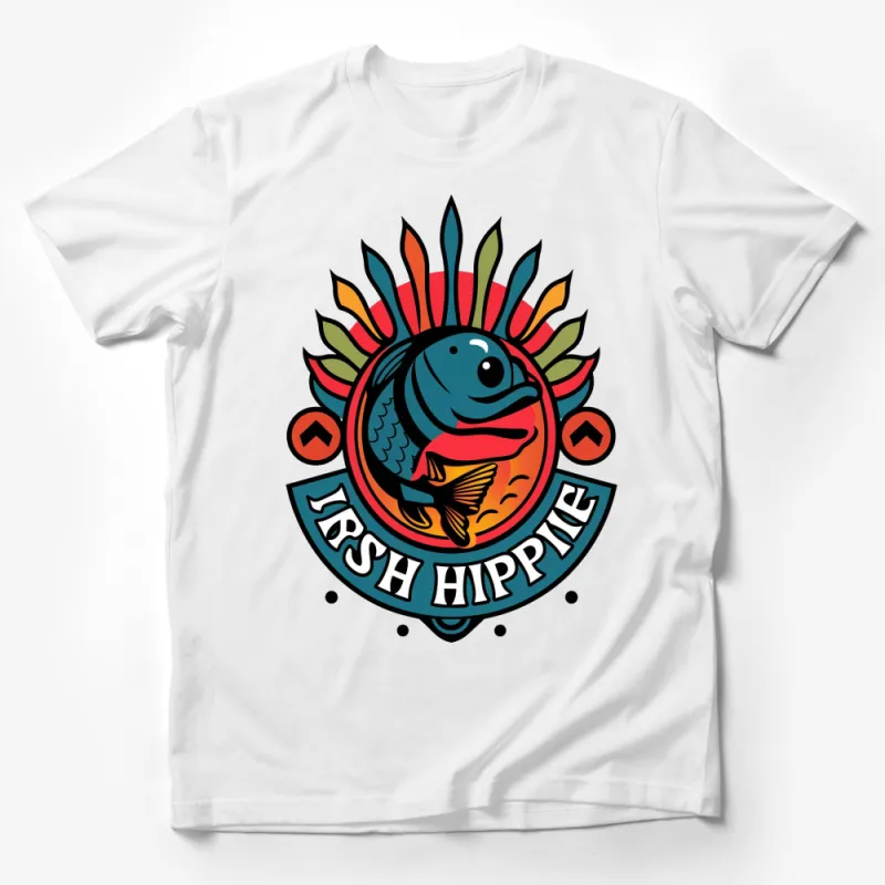 Irish Hippie Fish Emblem T-Shirt, Colorful Retro Style Graphic Tee, Unisex Casual Wear Male T-Shirt