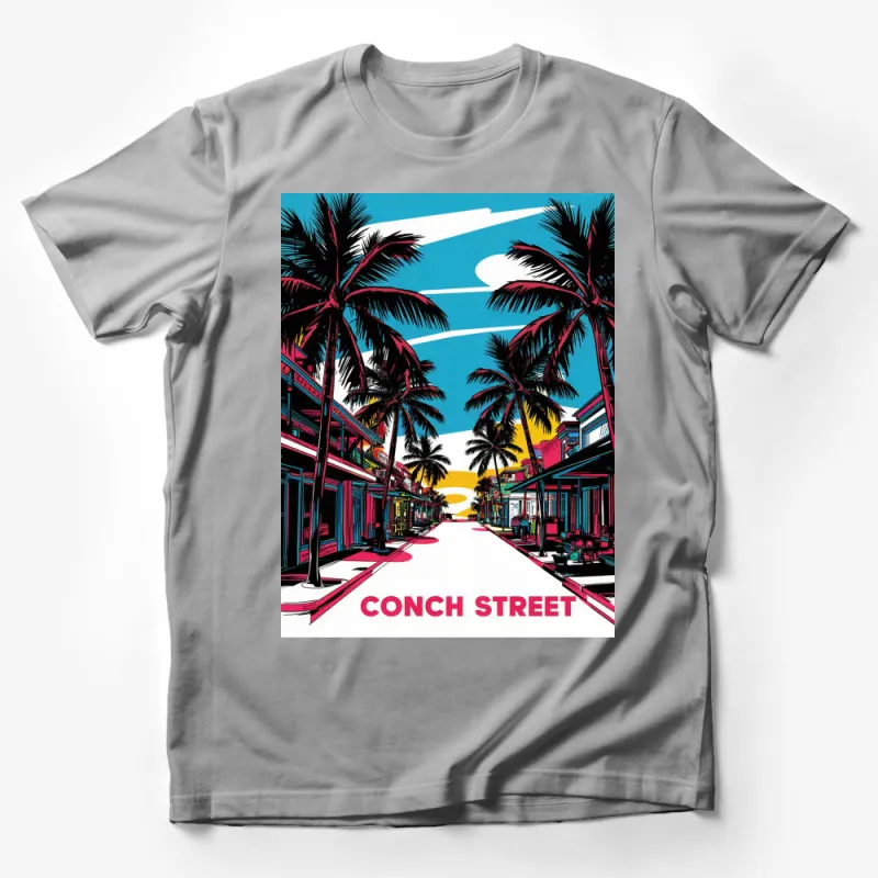 Conch Street Tropical Scene T-Shirt, Vibrant Summer Beachwear, Graphic Tee for Travel and Casual Wear Male T-Shirt