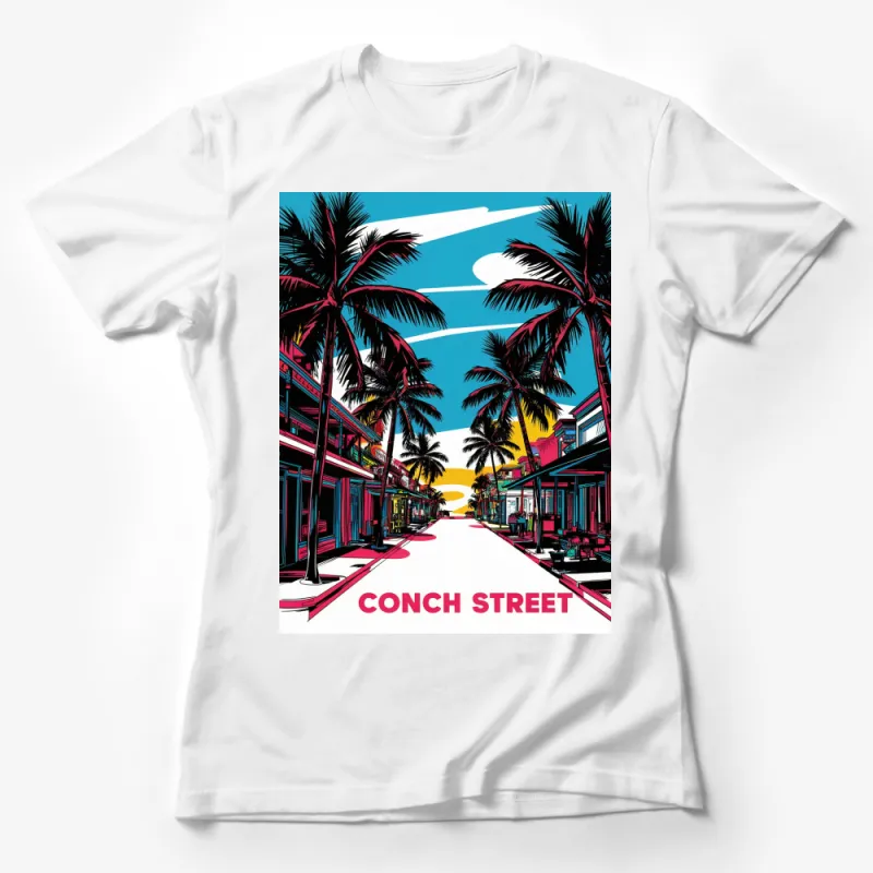 Conch Street Tropical Scene T-Shirt, Vibrant Summer Beachwear, Graphic Tee for Travel and Casual Wear Female T-Shirt