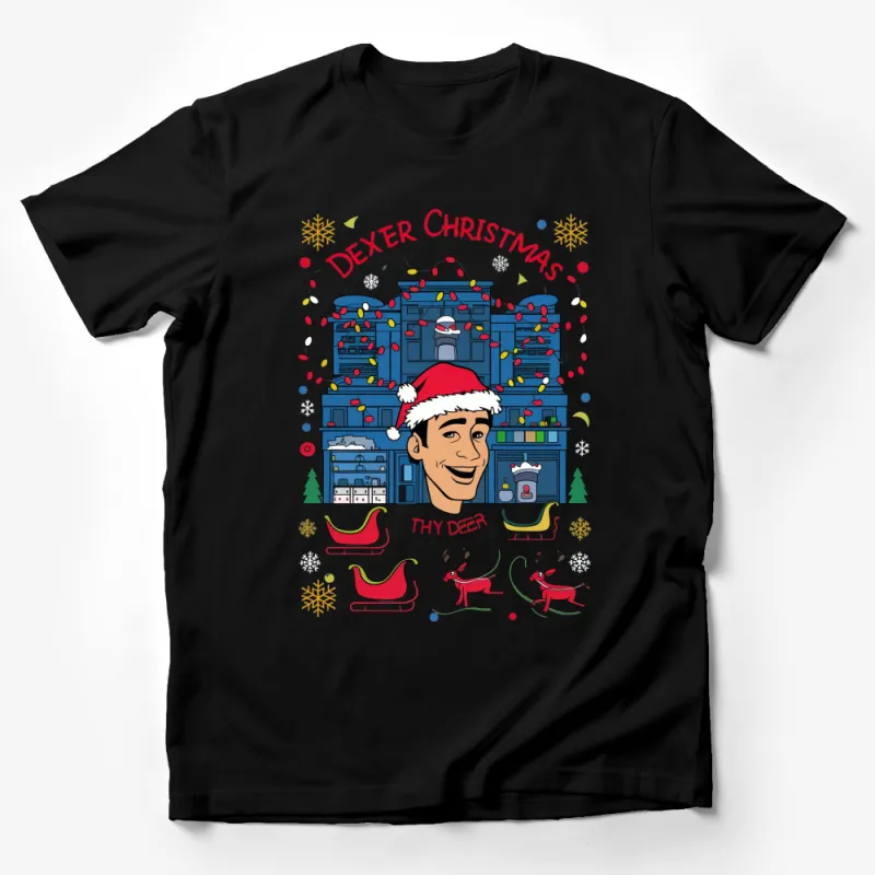 Dexter Christmas Festive T-Shirt, Colorful Holiday Caricature, Winter Cheer Apparel, Unique Xmas Gift Male T-Shirt