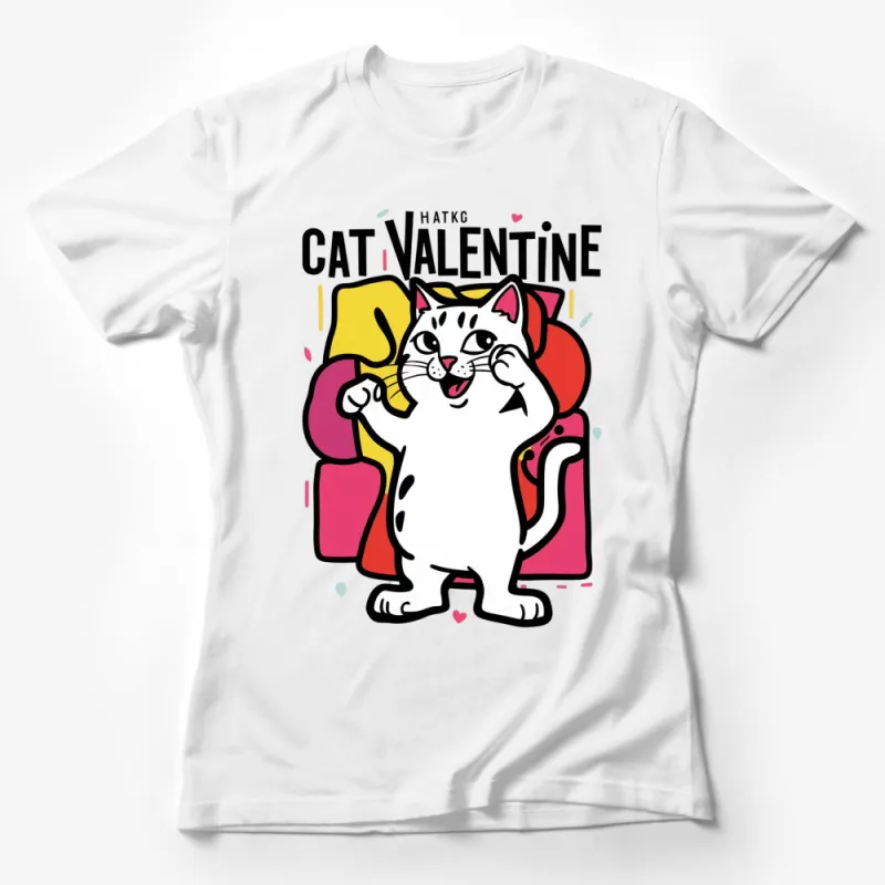 Cat Valentine T-Shirt, Cute Cartoon Cat Graphic Tee, Whimsical Kitten in Glasses and Bowtie Female T-Shirt