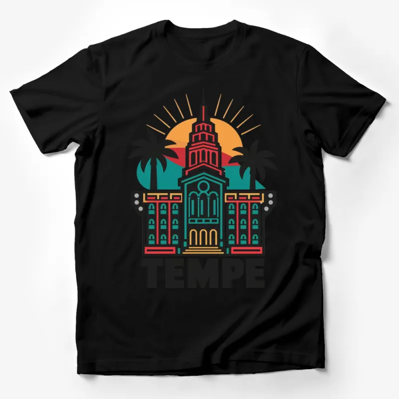 Colorful Tempe City Illustration T-Shirt, Retro Style Sunset and Palm Trees Design Tee Male T-Shirt