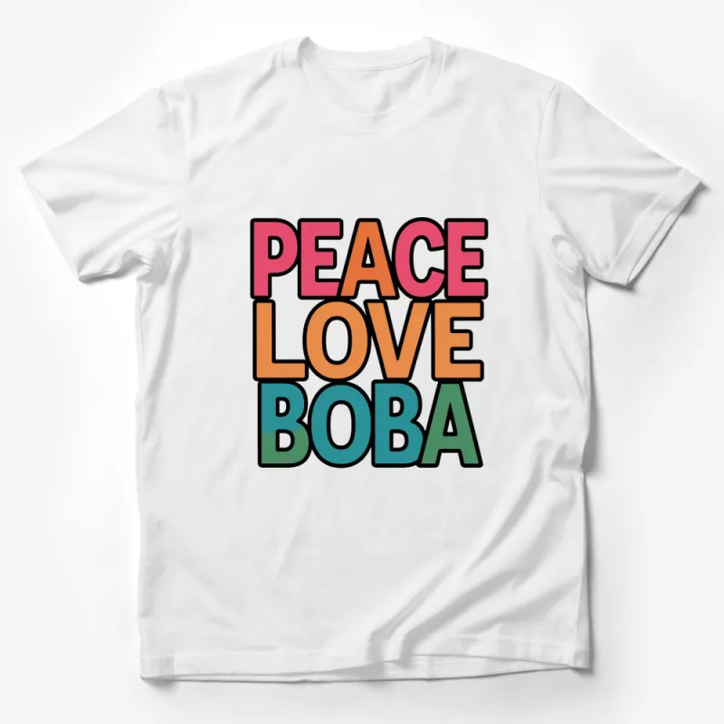 Peace Love Boba Colorful Text Graphic T-Shirt, Fun Bubble Tea Lover Gift, Trendy Casual Wear Male T-Shirt