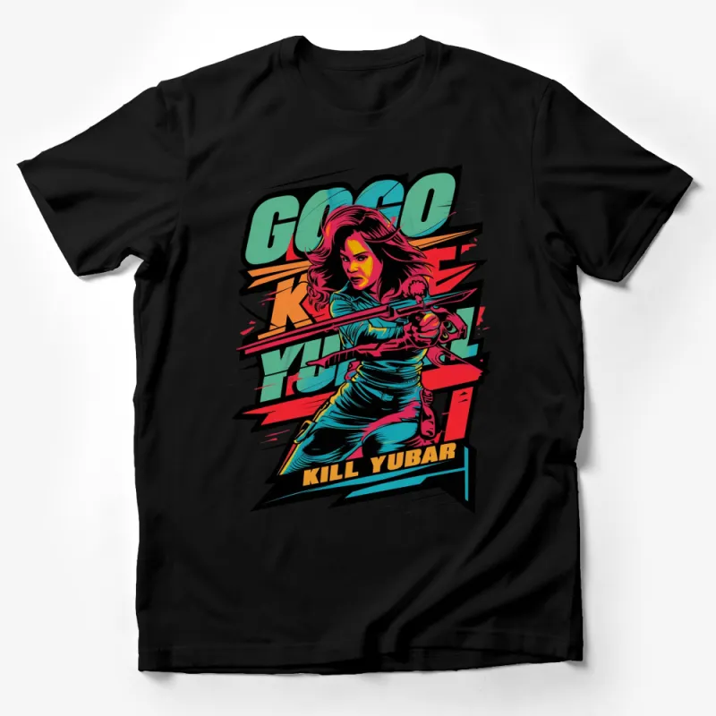 Vibrant Female Warrior T-Shirt, Comic Style Graphic Tee, Bold Colors and Dynamic Design Male T-Shirt