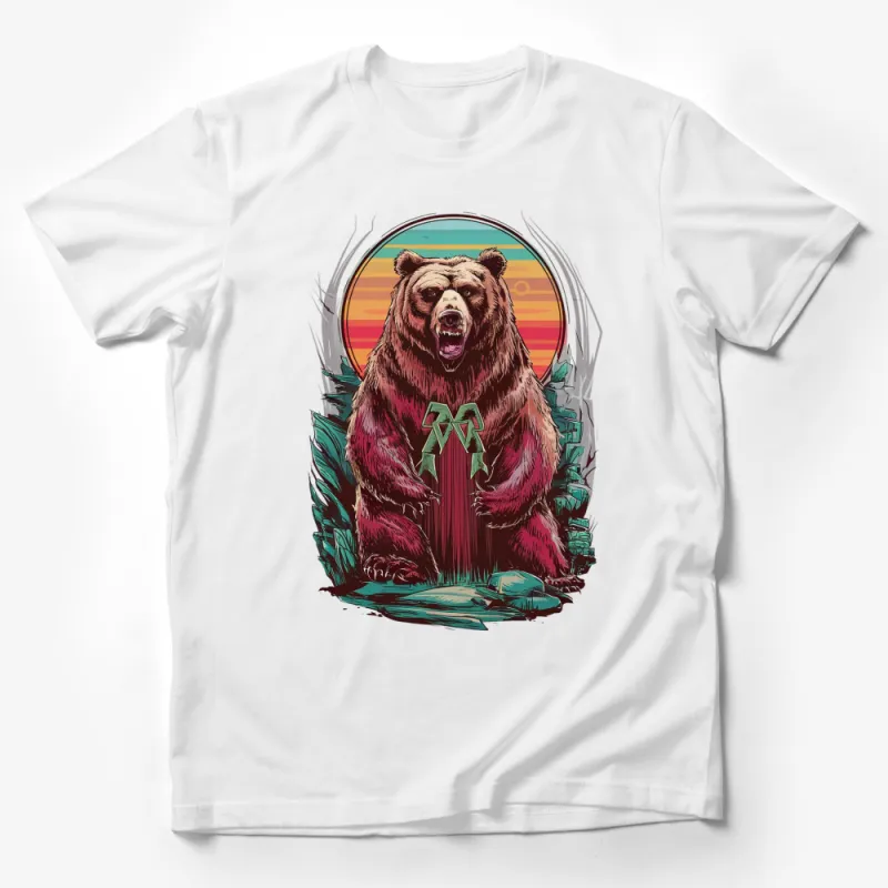 Retro Bear Graphic T-Shirt, Vintage Wildlife Art, Colorful Sunset Forest Tee, Unique Animal Design Top for Men and Women Male T-Shirt