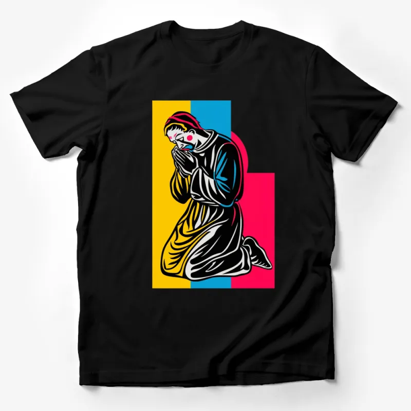 Pop Art Praying Woman Graphic Tee, Colorful Religious Icon, Vintage Art Inspired T-Shirt, Casual Streetwear Male T-Shirt