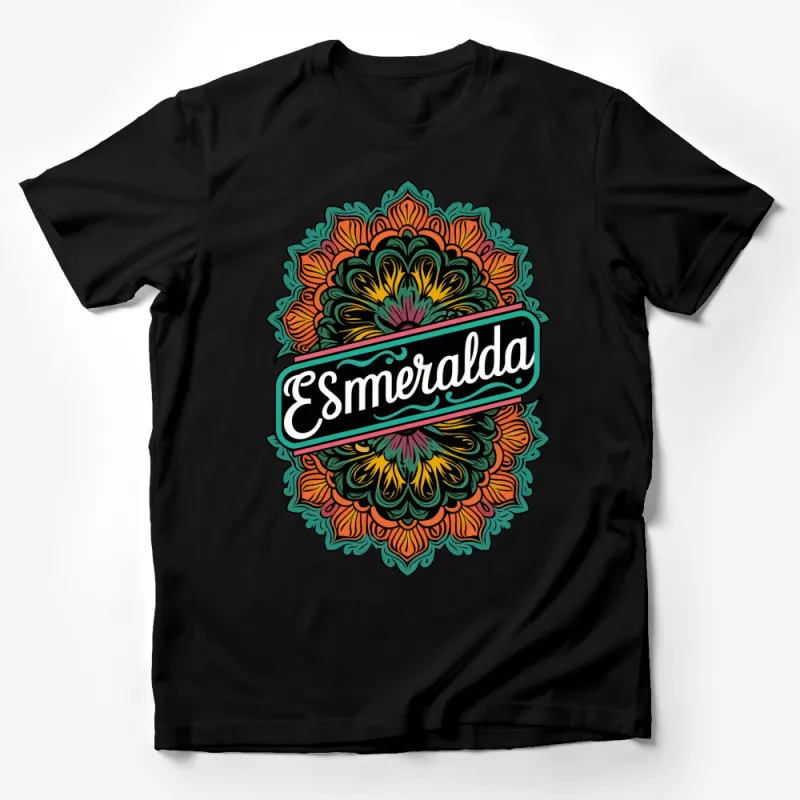 Esmeralda Floral Mandala Art T-Shirt, Vibrant Colorful Graphic Tee, Bohemian Style Spring Fashion Male T-Shirt