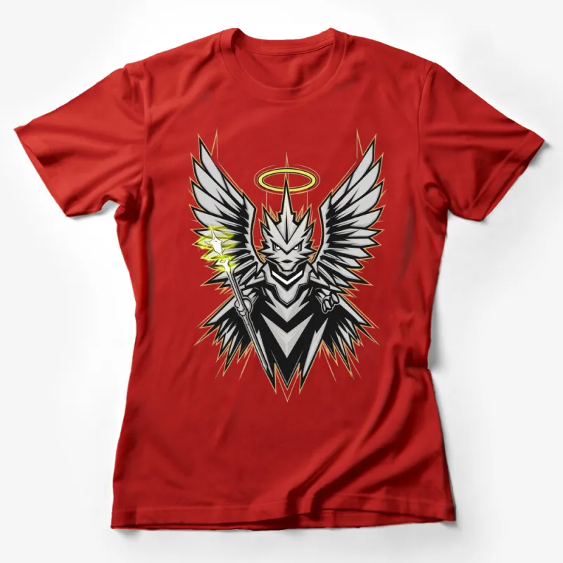 Angel Warrior Graphic T-Shirt, Stylish Heavenly Warrior with Wings and Halo, Unique Fantasy Art Tee Female T-Shirt