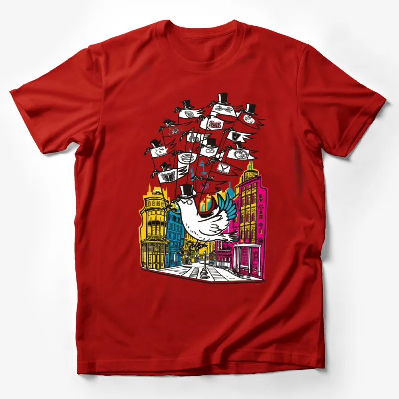 Colorful Urban Bird Graphic T-Shirt, Cityscape with Flying Bird Art, Unique Illustrated Streetwear Tee Male T-Shirt