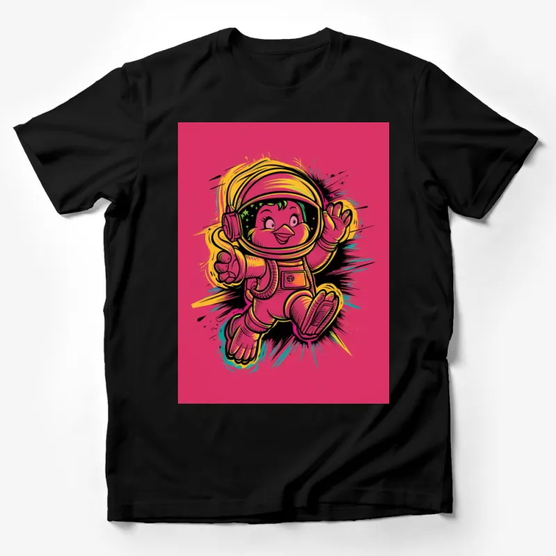 Vibrant Astronaut Bird Cartoon T-Shirt, Cute Space Explorer Graphic Tee, Unisex Youth and Adult Sizes Male T-Shirt