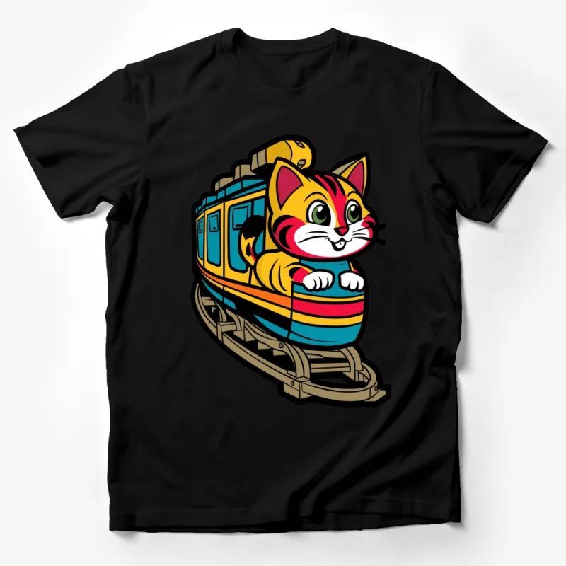 Colorful Cartoon Cat in Train T-Shirt, Kids Animal Graphic Tee, Bright Unisex Children's Clothing Male T-Shirt