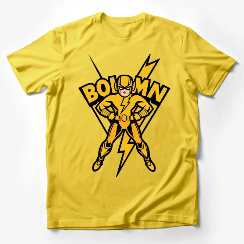 Bold Yellow Superhero T-Shirt, Vintage Comic Hero Graphic Tee, Bold Lightning Design, Unisex Male T-Shirt