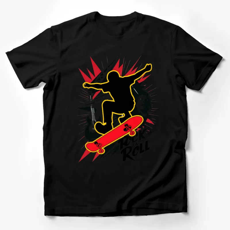 Rock and Roll T-Shirt, Skateboarder Silhouette, Guitar Graphic Tee, Bold Modern Design Male T-Shirt