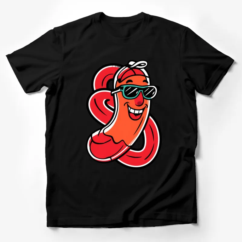 Funny Smiling Sausage Cartoon T-Shirt, Cute Hot Dog with Sunglasses, Unisex Graphic Tee, Food Humor Apparel Male T-Shirt