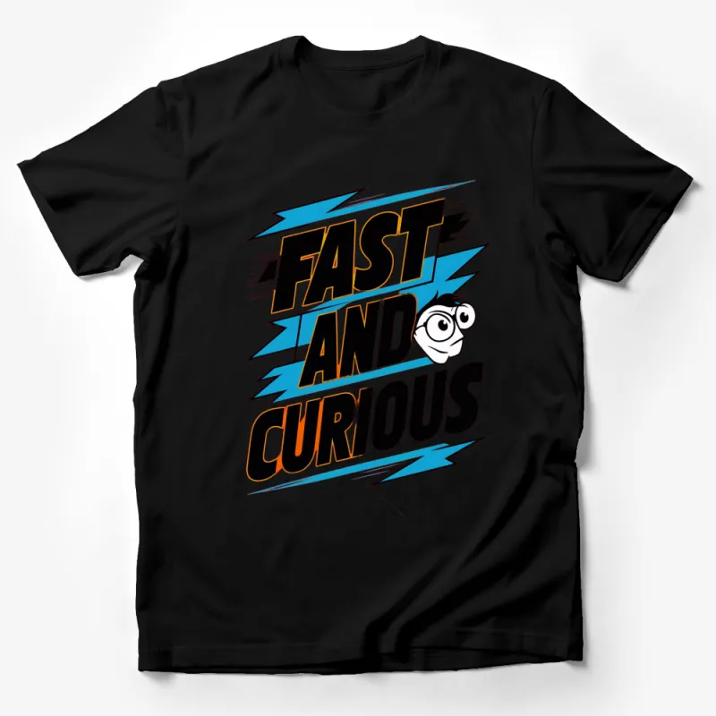 Fast and Curious Comic Style T-Shirt, Bold Text with Cartoon Character, Unisex Tee Male T-Shirt