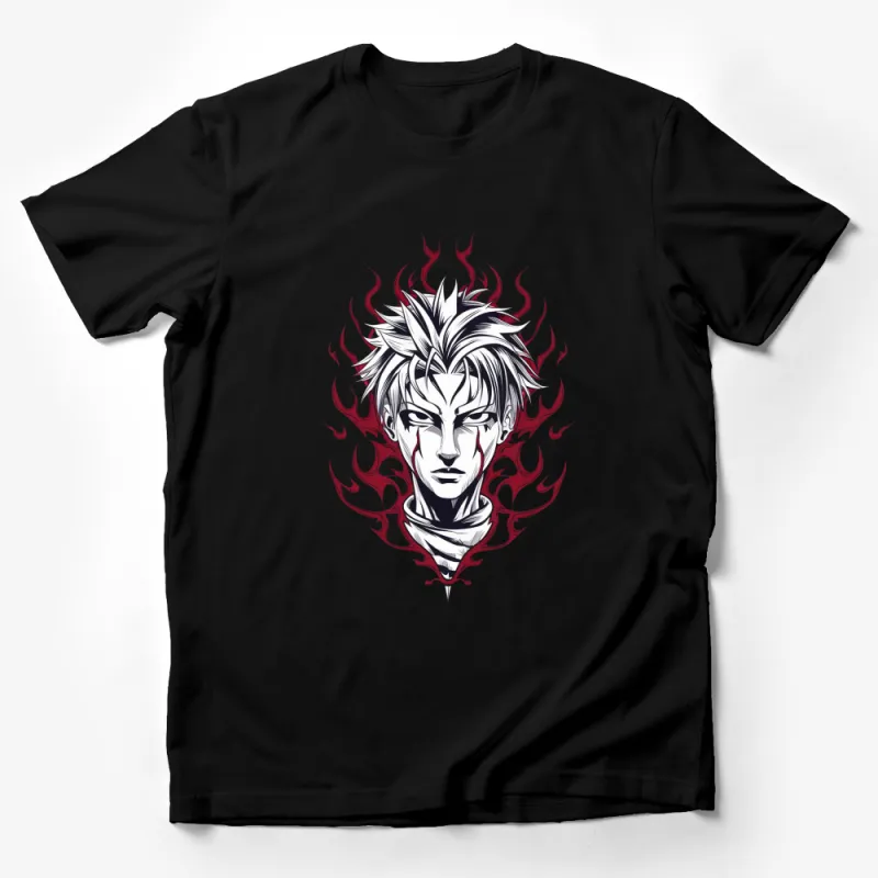 Anime Character Fire Design T-Shirt, Cool Flame Graphics, Unisex Tee Male T-Shirt