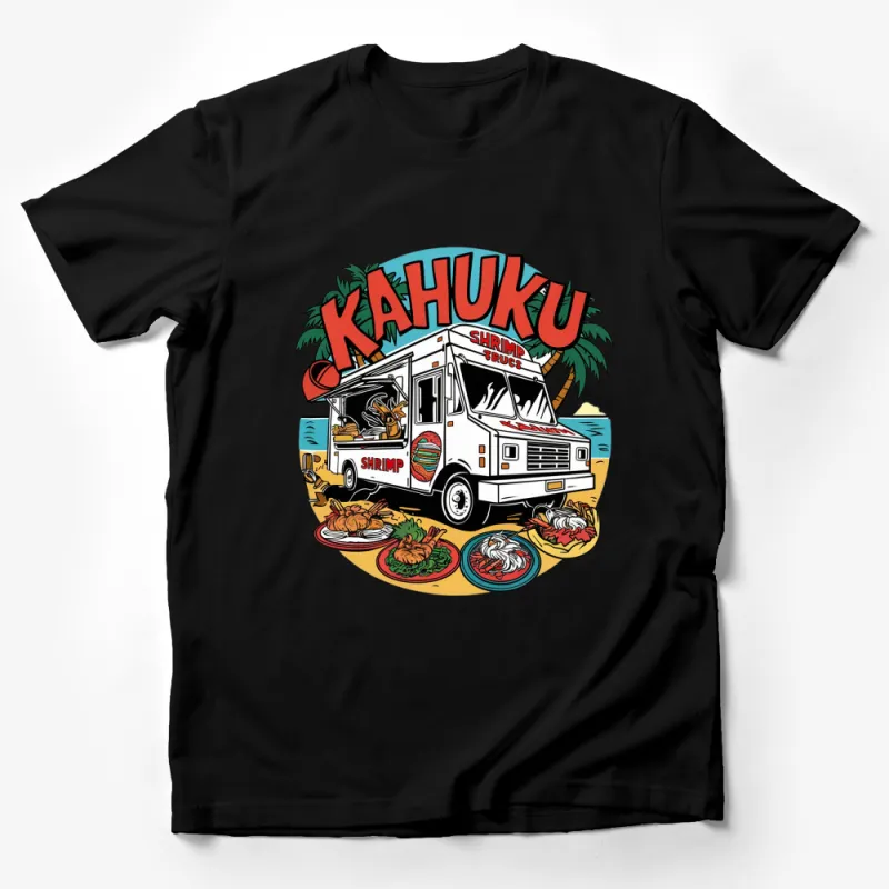 Kahuku Shrimp Truck Tropical Design T-Shirt, Colorful Hawaiian Beach Food Truck Graphic Tee, Unisex Apparel Male T-Shirt