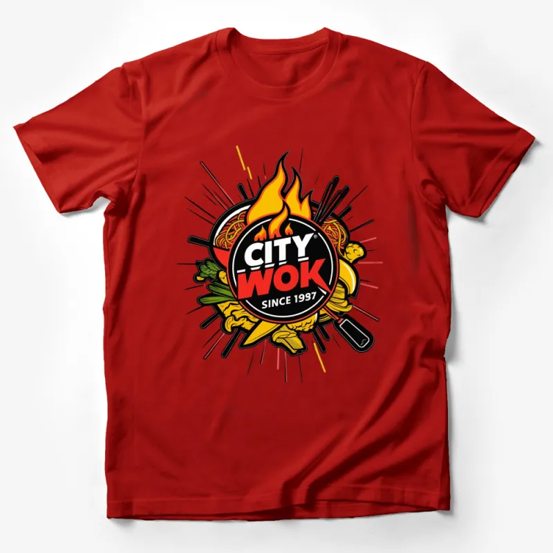 City Wok Graphic T-Shirt, Classic Asian Cuisine Logo, Fire and Noodles Design, Unisex Tee Male T-Shirt