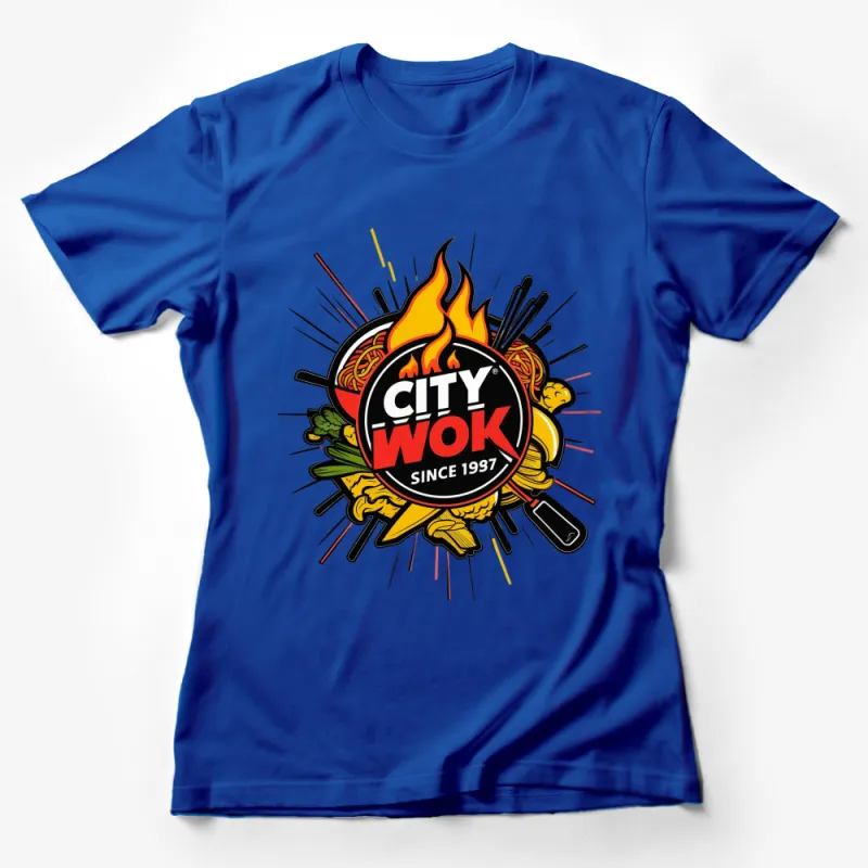 City Wok Graphic T-Shirt, Classic Asian Cuisine Logo, Fire and Noodles Design, Unisex Tee Female T-Shirt