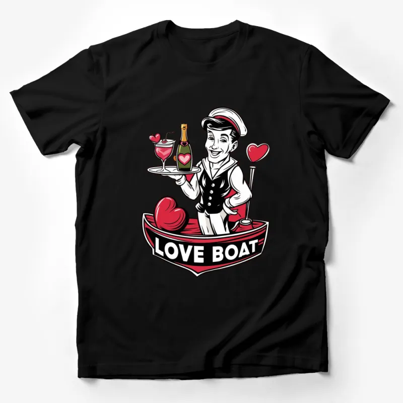 Vintage Love Boat T-Shirt, Nautical Sailor Graphic with Heart and Drinks Male T-Shirt