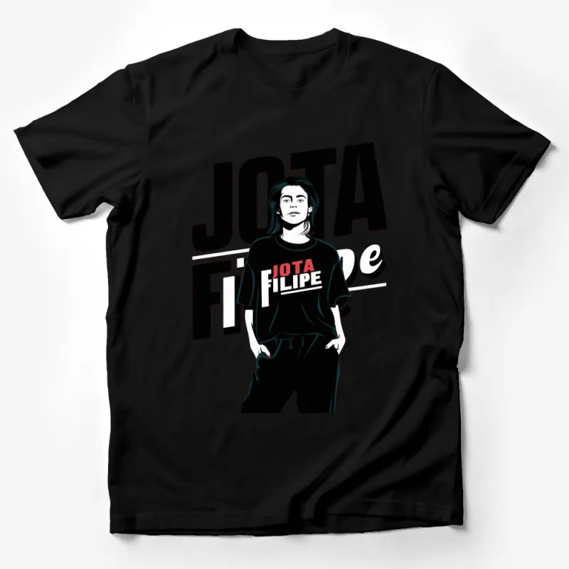 Jota Filipe Graphic T-Shirt, Bold Letter Print, Black and White Tee, Unisex Male T-Shirt