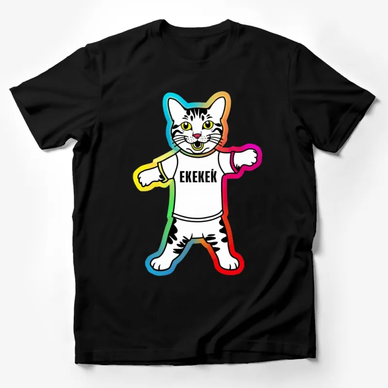 Colorful Cat Graphic T-Shirt, Unisex Neon Cat Design Tee, Rainbow Outline Kitten Shirt, Fun Casual Top Male T-Shirt